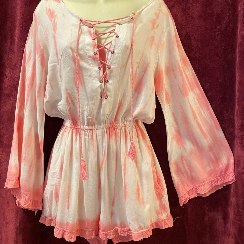 Pink & White tie die shorts romper